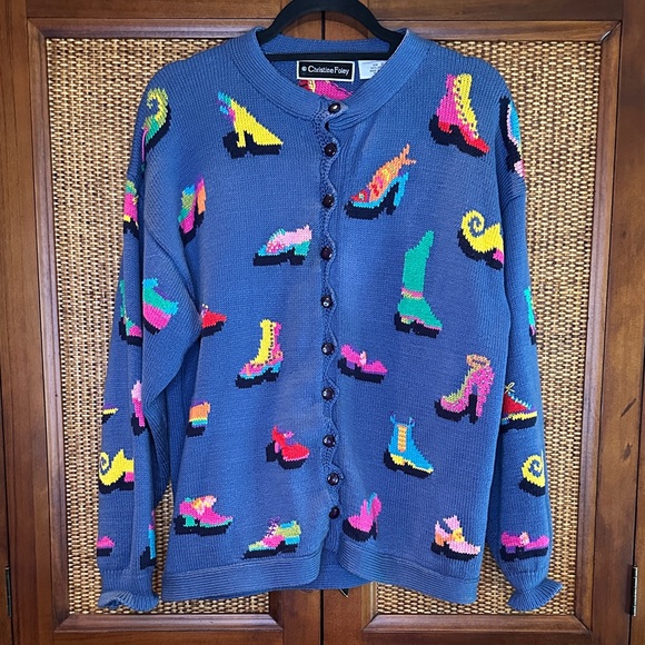 Christine Foley Sweaters - Christine Foley Shoe Cardigan Blue Multi Color Sz2 Medium